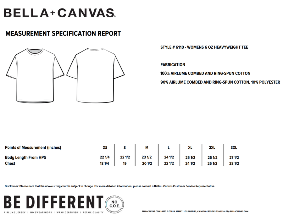Bella Canvas size chart