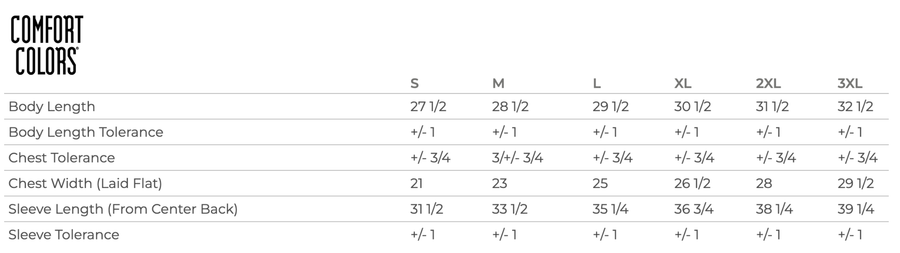 Comfort Colors size chart