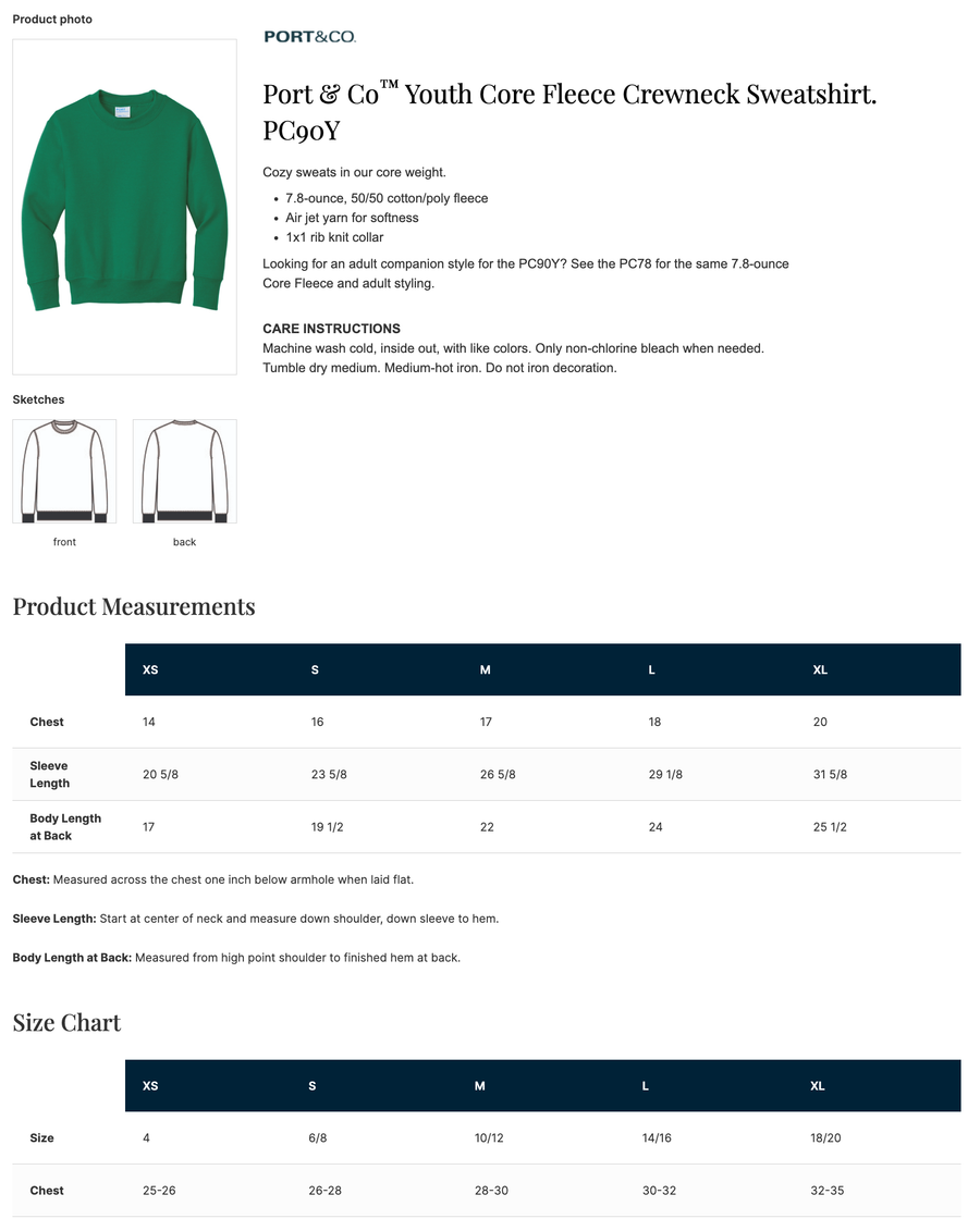 Port & Co size chart